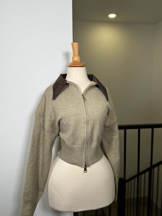 Soft Knit Sweater With Leather Collar