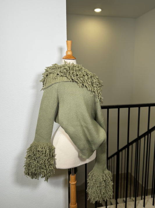 Green Knit Sweater Top With Wool Detail