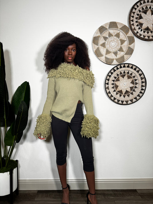 Green Knit Sweater Top With Wool Detail