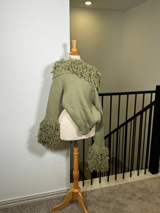 Green Knit Sweater Top With Wool Detail