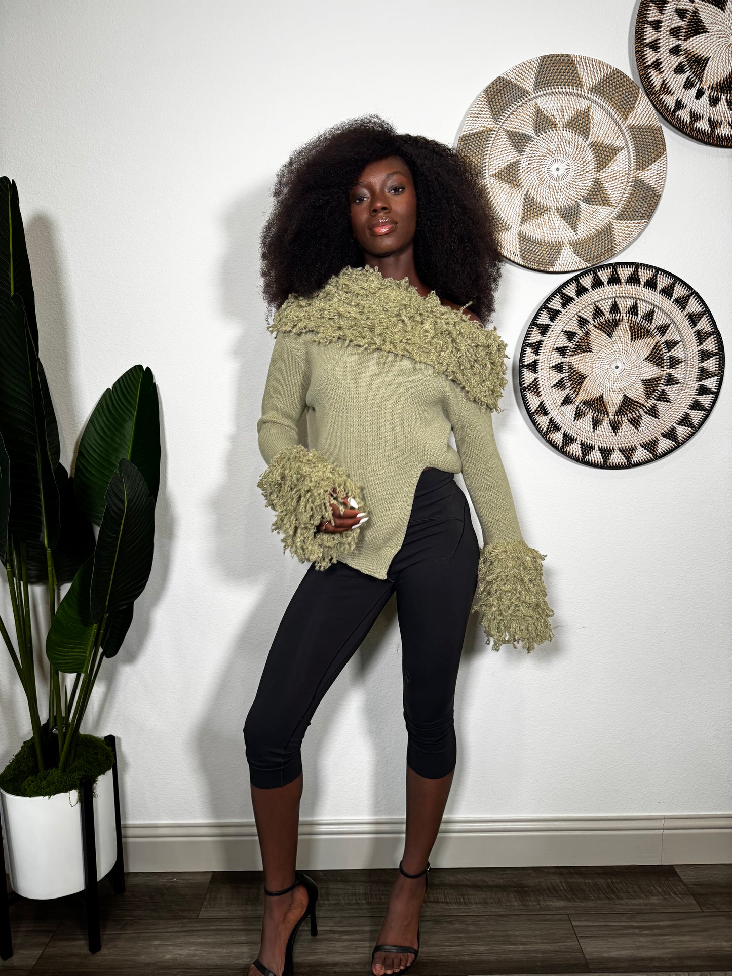 Green Knit Sweater Top With Wool Detail