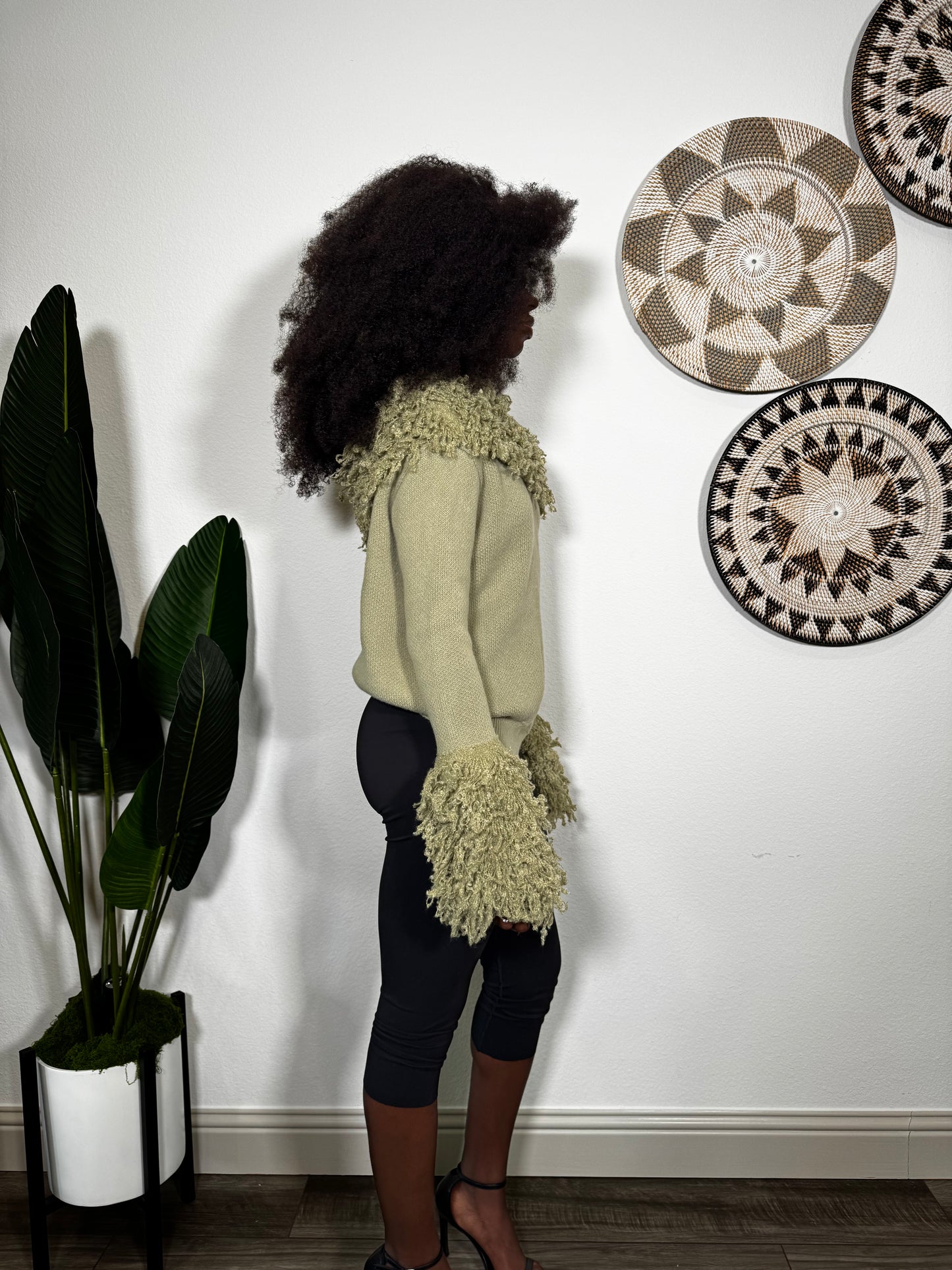 Green Knit Sweater Top With Wool Detail