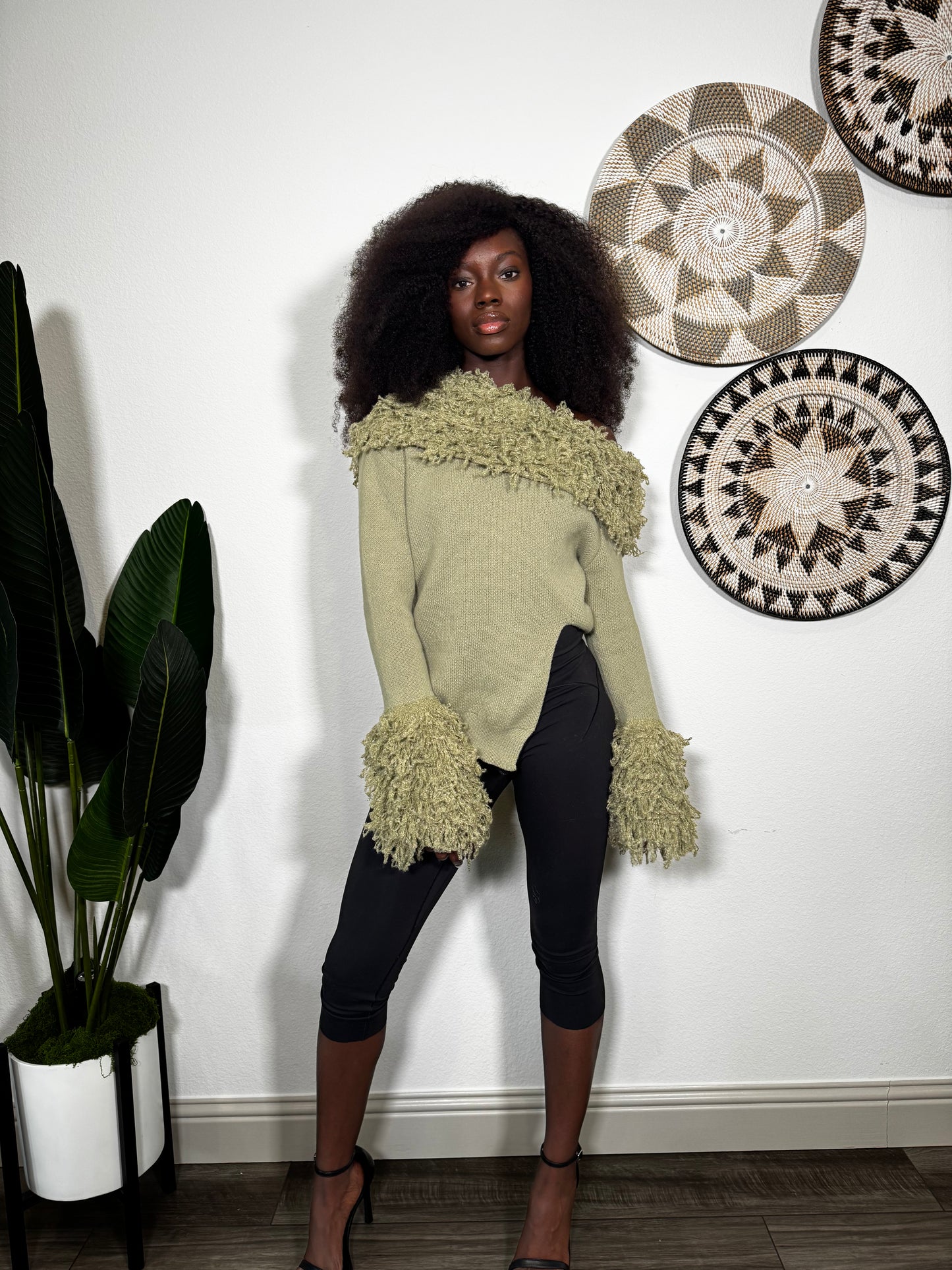 Green Knit Sweater Top With Wool Detail